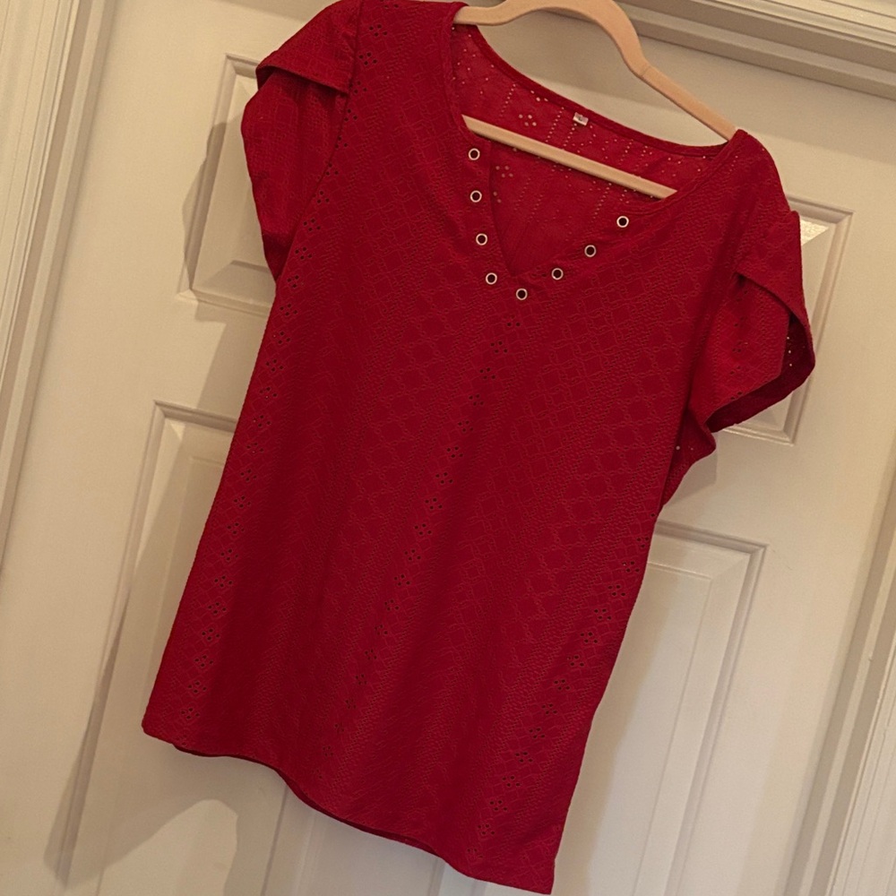 Elegant Red Eyelet Short Sleeve Top